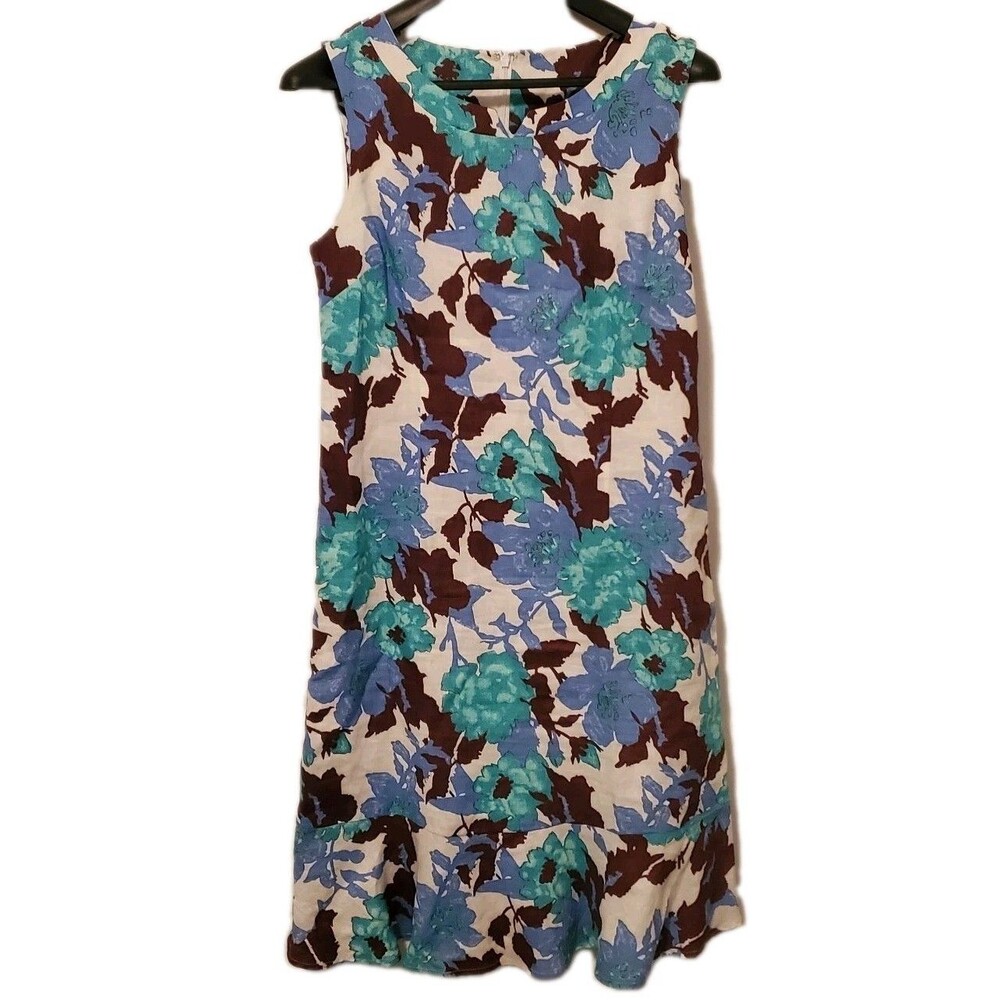 Kim Rogers 10 Petite White Blue Floral Linen Dress Peplum Quite Luxury Summer